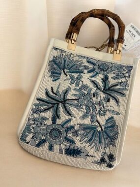 Embroidered Beaded Top-Handle Tote in Ivory and Blue